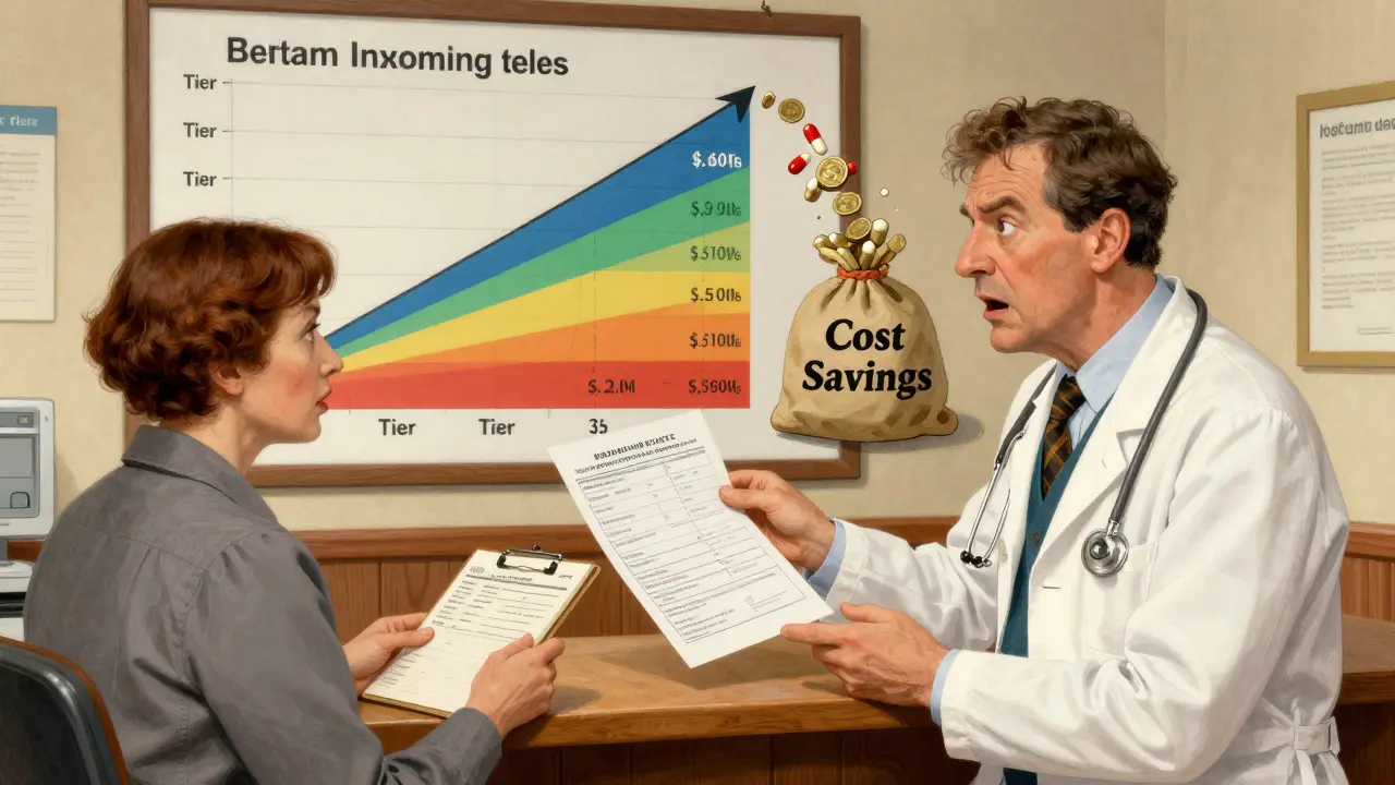 A doctor argues with an insurance clerk over drug tiers, with a visual chart showing rising costs and biosimilars flowing into a savings bag.