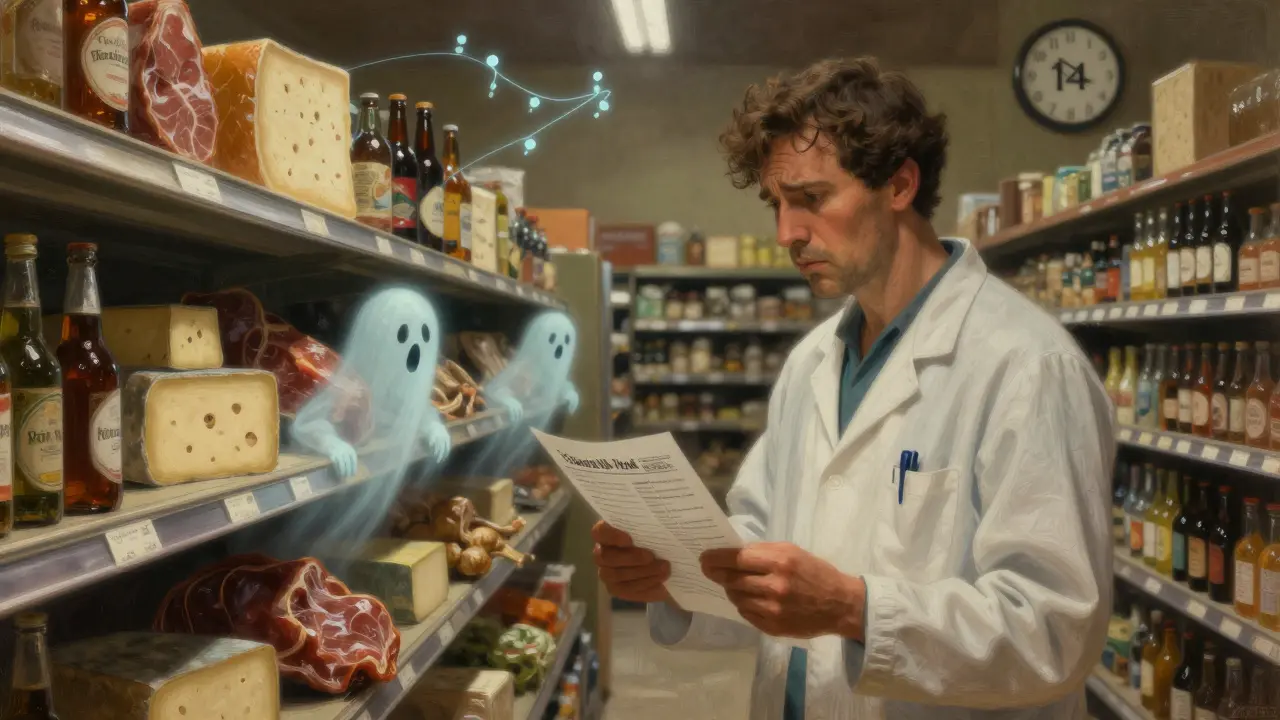 A person shopping with a dietary guide, ghostly tyramine rising from forbidden foods.
