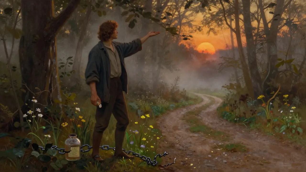 A person walks toward sunrise at the edge of a forest, leaving behind a pill bottle as wildflowers grow along the path.