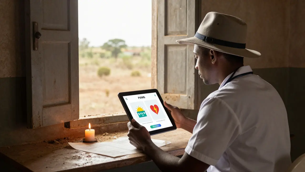 A rural clinician in Africa views a simple digital interface on a tablet, with sunlight streaming in as a paper chart lies discarded nearby.