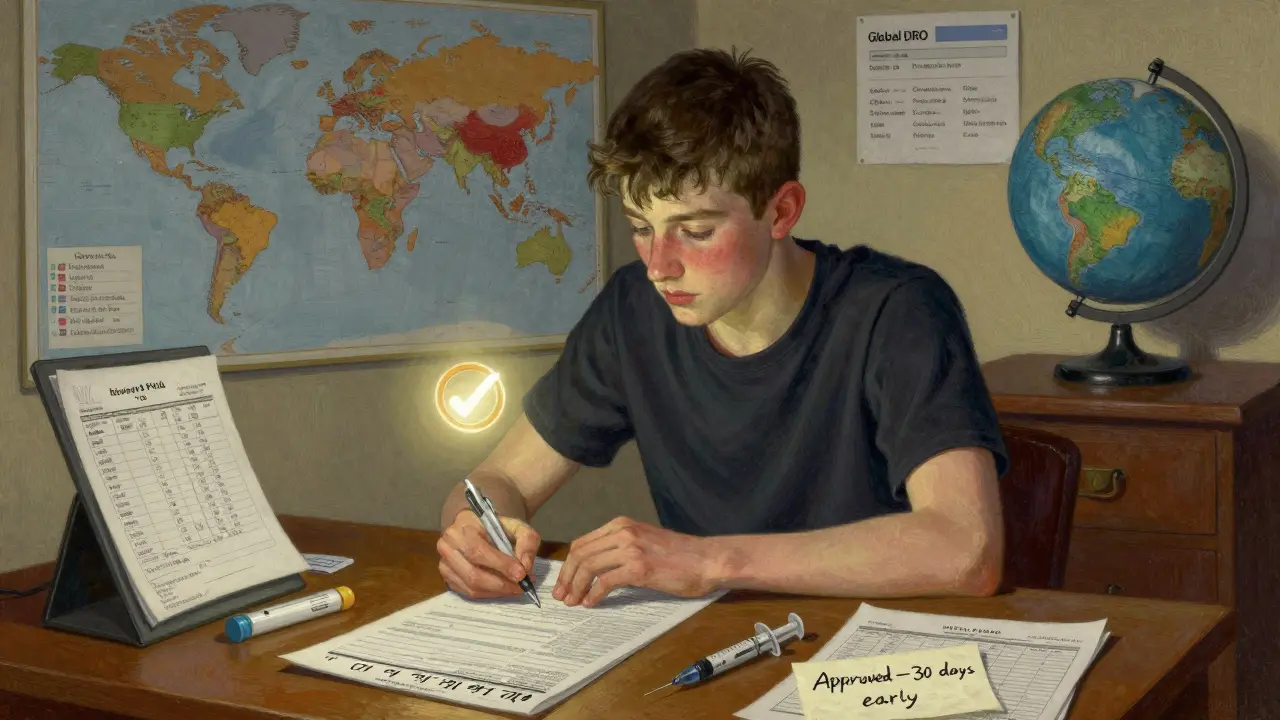 A swimmer submits a TUE application with medical records, as a glowing approval stamp appears above the desk.