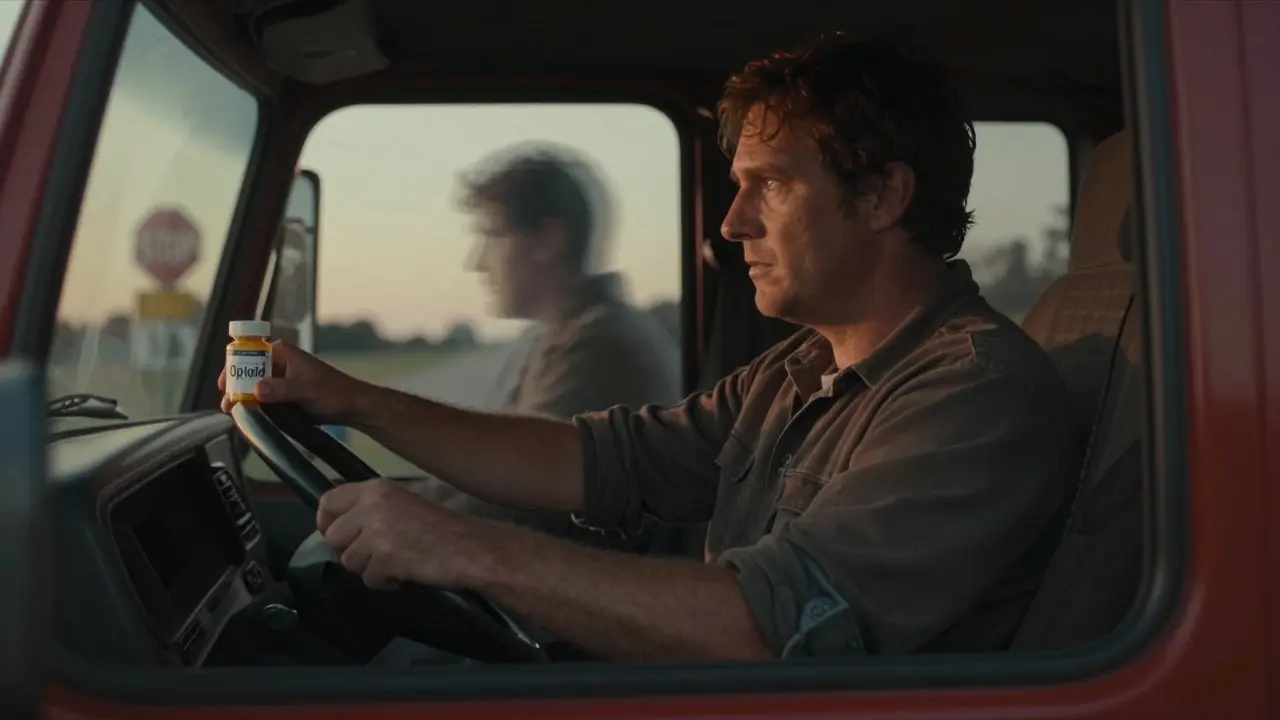 A truck driver conflicted between alertness and drowsiness from opioid medication, with a ghostly double beside him at dawn.