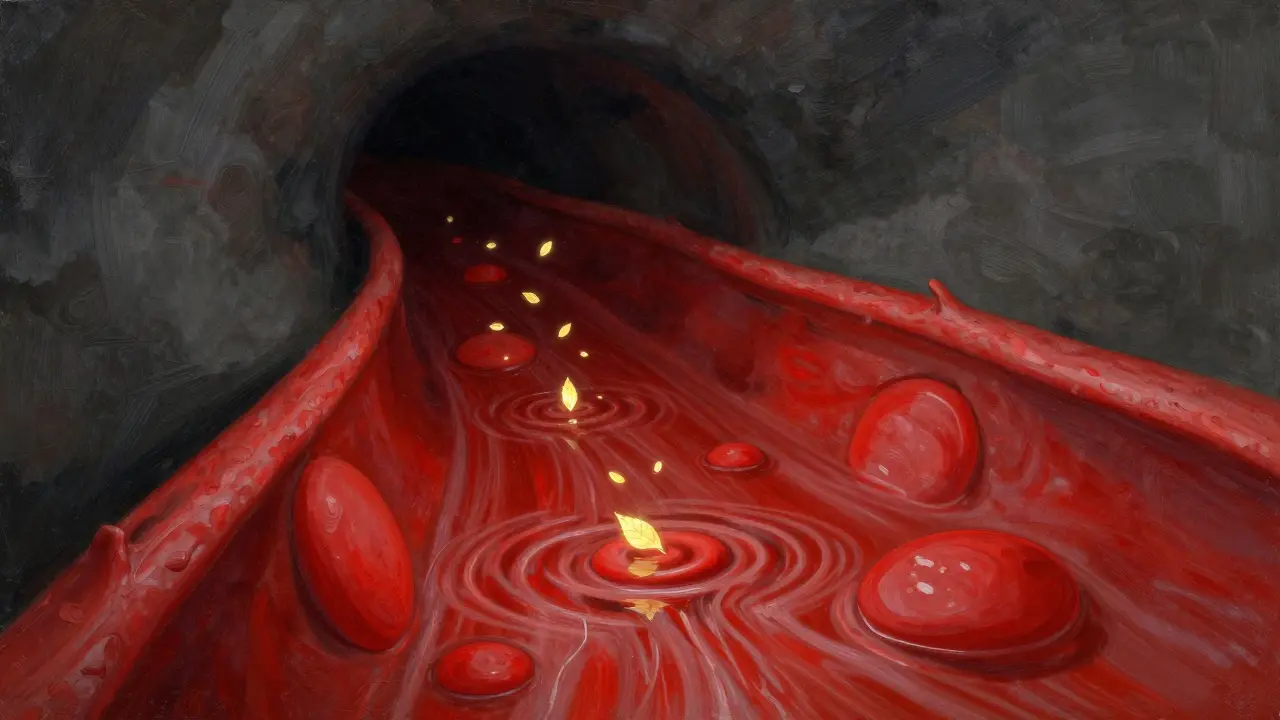 Abstract art of red blood cells mixing with golden particles.