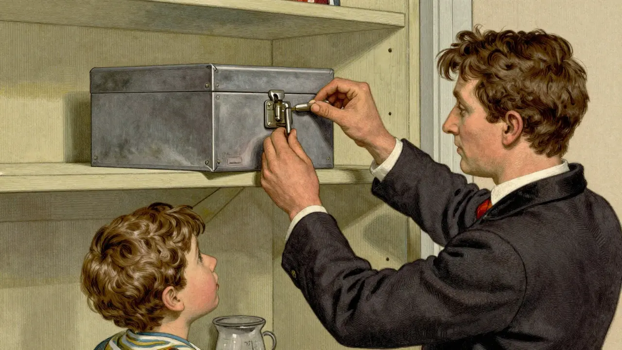 Adult securing locked medicine box on high shelf out of reach.