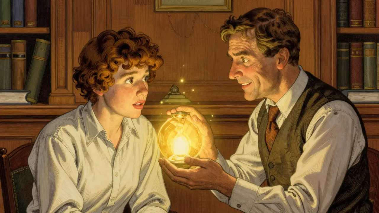 Advisor guiding employee with glowing illuminated object