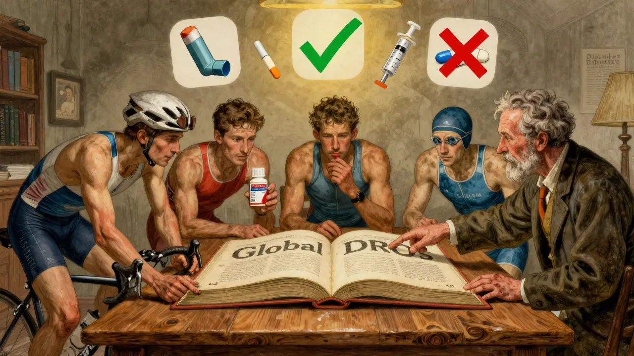 Athletes consult a large Global DRO book with a librarian guiding them, as banned and allowed medications float above the table.