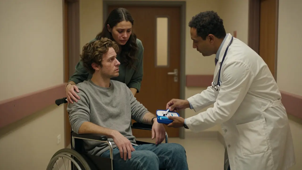 Doctor handing a patient two epinephrine auto-injectors after recovery from a medication reaction.