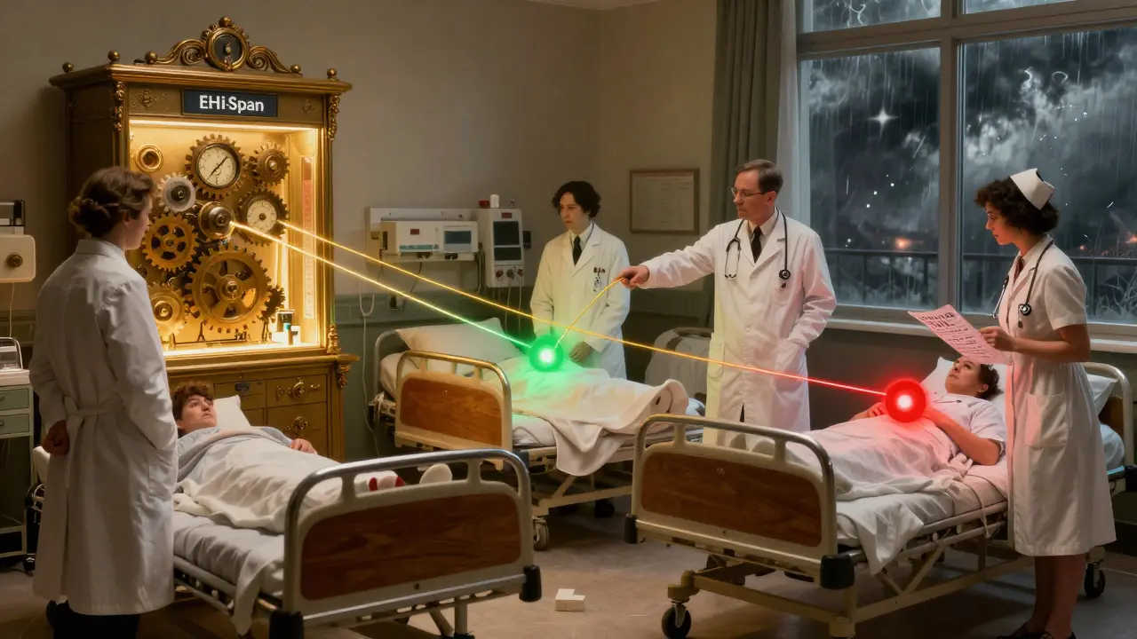 Doctors gathered around a mechanical console with glowing threads connecting to patient beds, symbolizing real-time drug safety monitoring in a 1920s hospital.