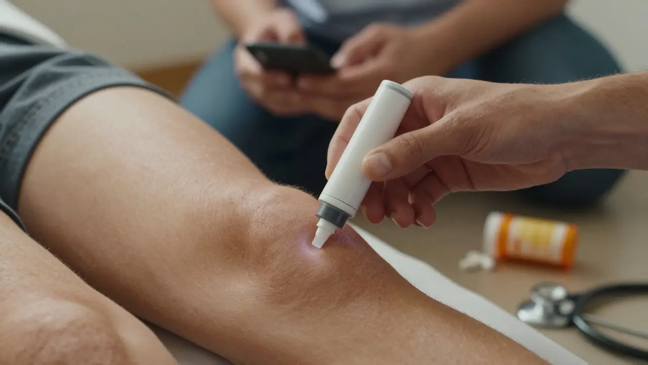 Hand injecting epinephrine into the thigh of a reclining patient during anaphylaxis emergency.