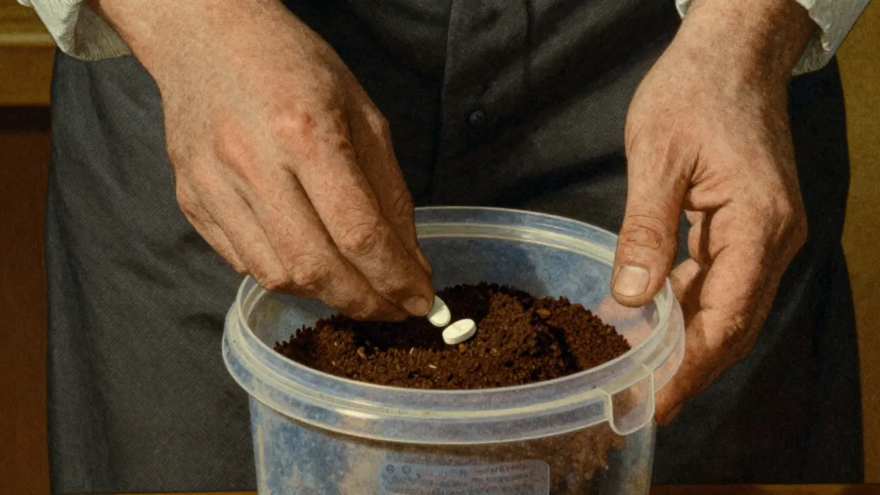 Hands mixing pills with coffee grounds in sealed disposal container.