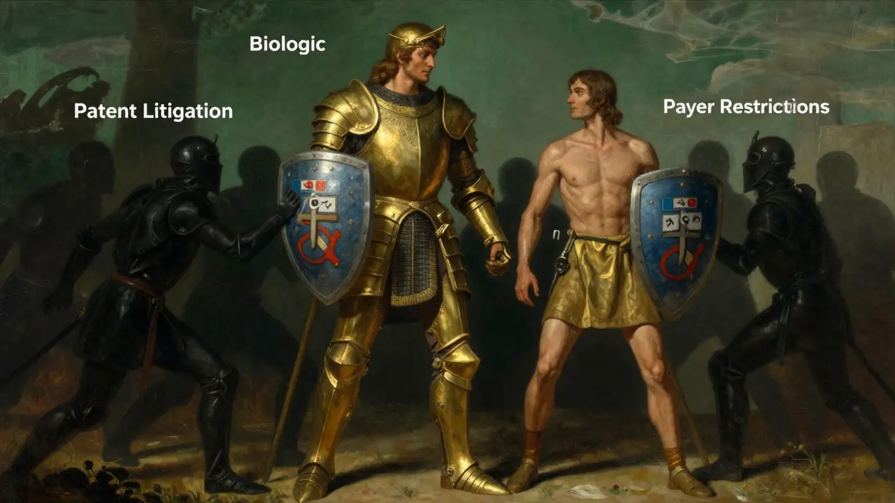 Heroic battle between biologic and biosimilar warriors, with patent and payer obstacles in the background.