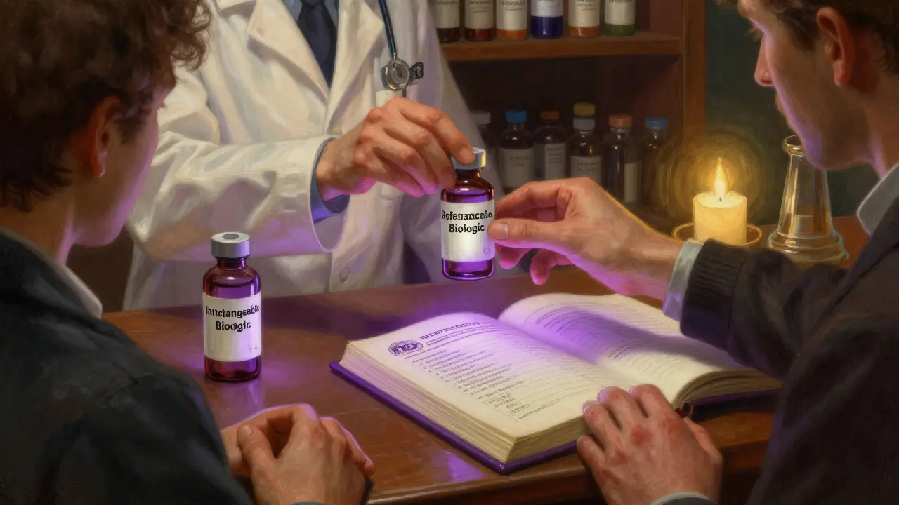 Pharmacist handing a biosimilar vial to a patient while the FDA Purple Book displays interchangeable status.