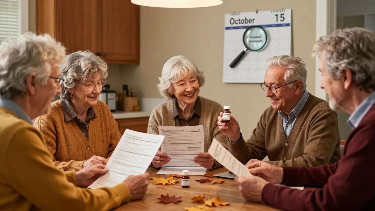 Seniors review formularies at a kitchen table in autumn, holding a biosimilar vial beside an old prescription, with Open Enrollment visible on a calendar.