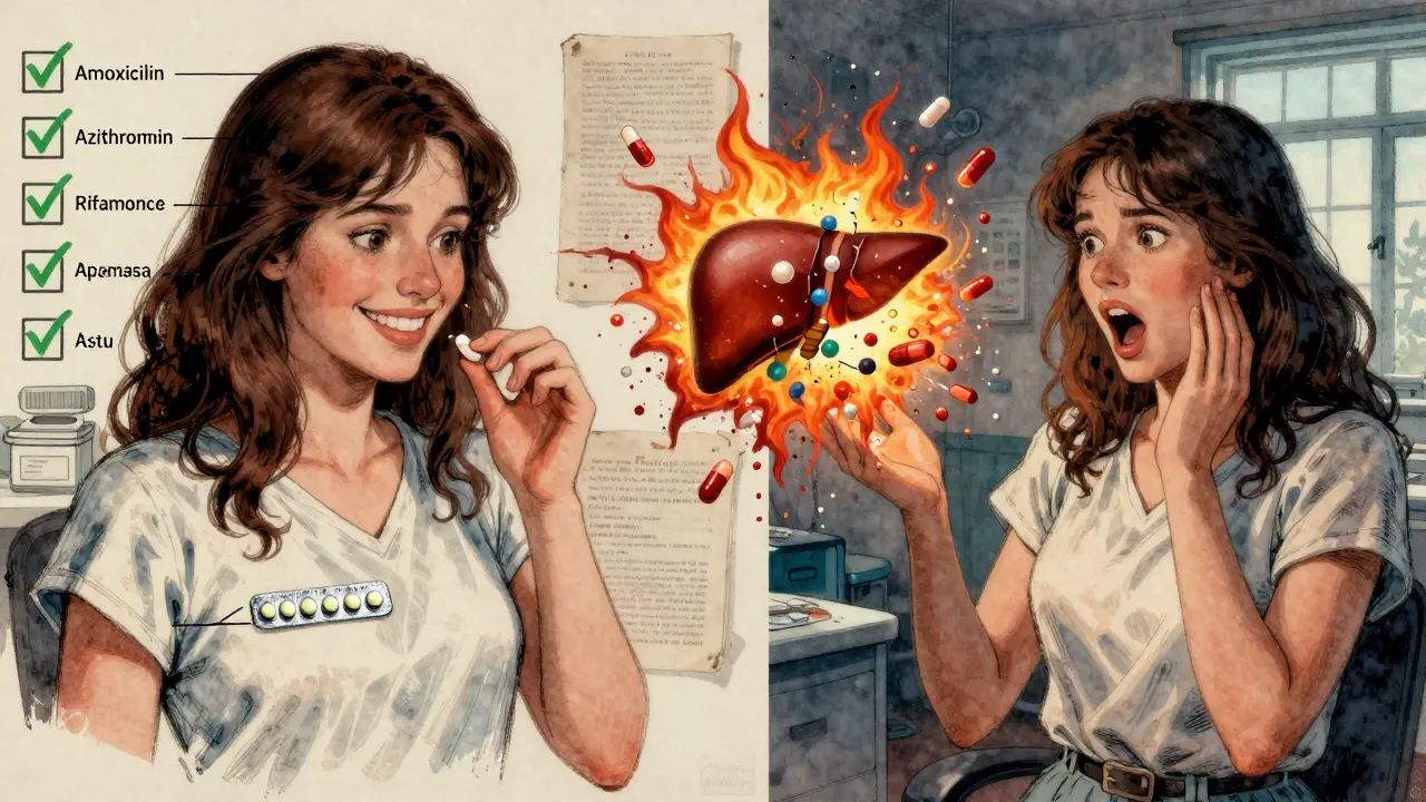 Split scene: peaceful pill use vs. rifampin destroying hormones, with medical books and a hospital window.