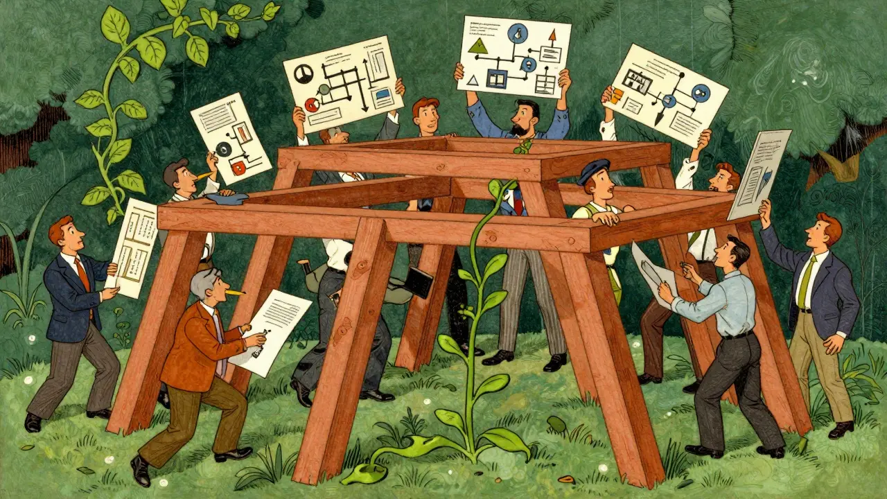 Team building structure with green vines growing up