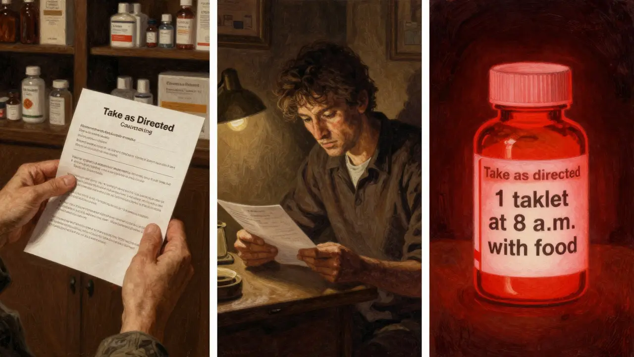 Three panels showing the transition from vague to clear medication instructions, with a glowing warning and corrected directions.