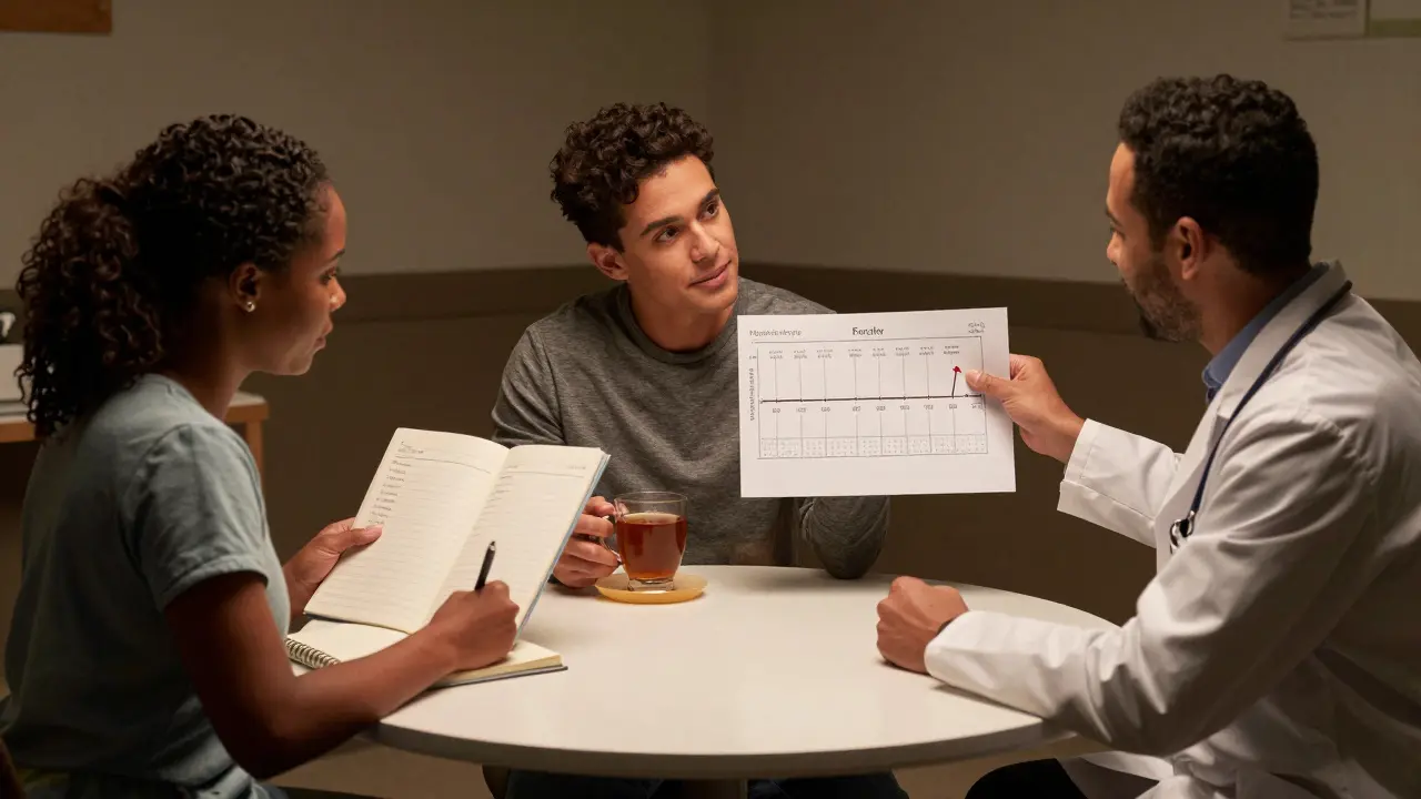 Three patients and a provider collaborate around a table with personalized tapering charts and symptom logs.