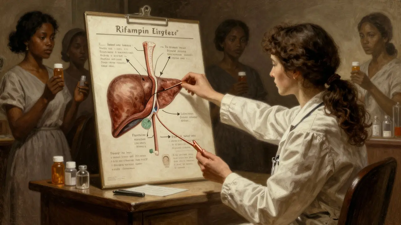 Woman receiving a copper IUD in clinic, doctor pointing to liver enzyme chart, ghostly silhouettes in background.