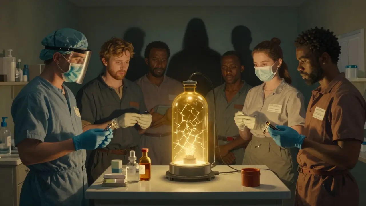 Workers in a small clinic gathered around a glowing safety device, symbolizing protection against hazardous drug exposure.