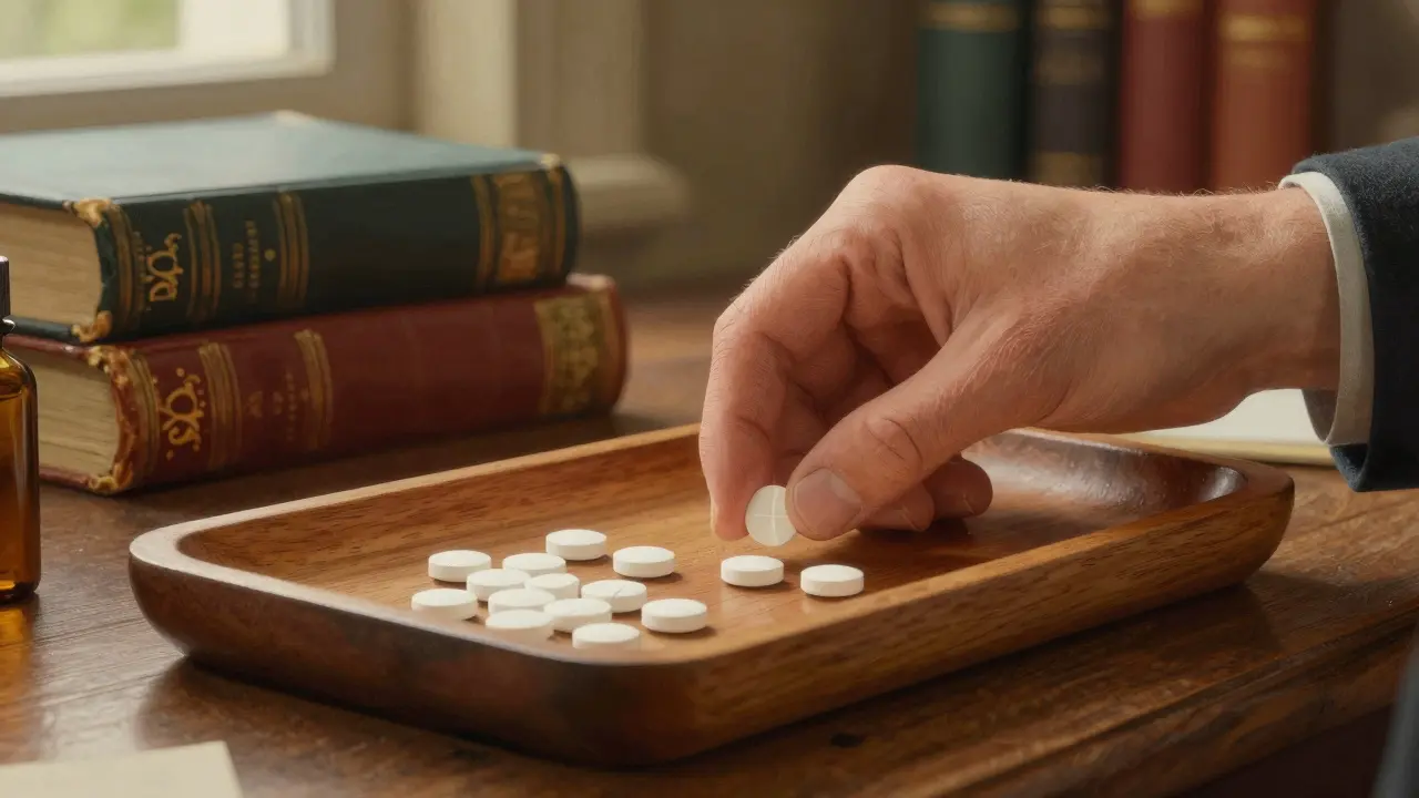 A close-up of medication tablets being organized in a peaceful home study.
