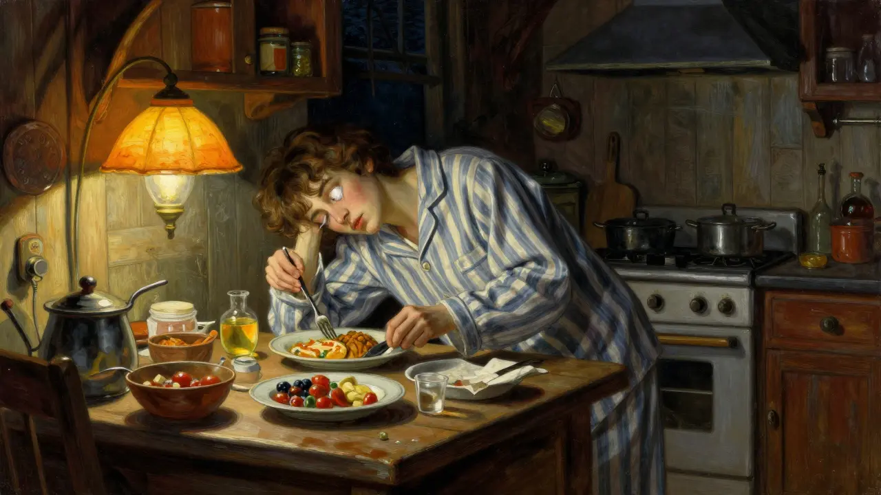 A person in pajamas sleep-cooking in a kitchen with a dreamlike, surreal atmosphere.