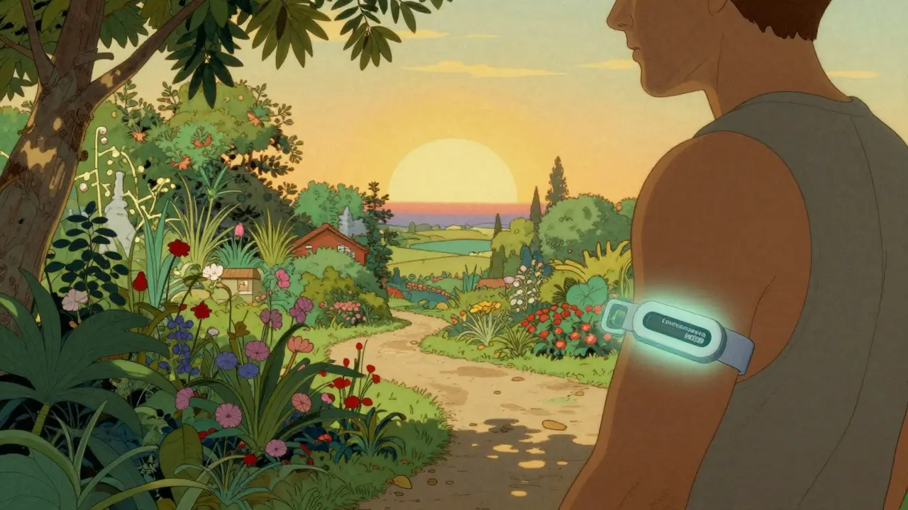 A person with a glucose monitor sensor on their arm looking toward a bright garden.