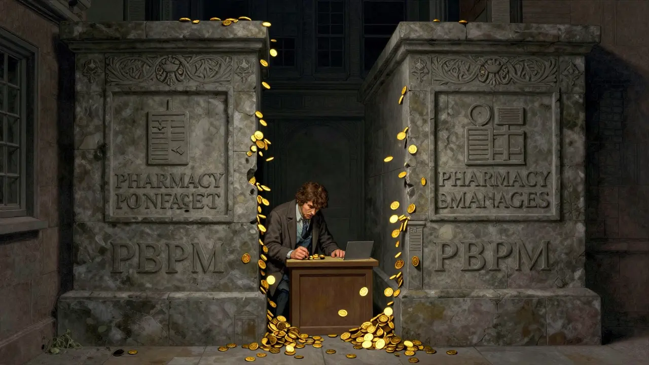 A pharmacist caught between two giant walls representing the financial pressure of PBMs.