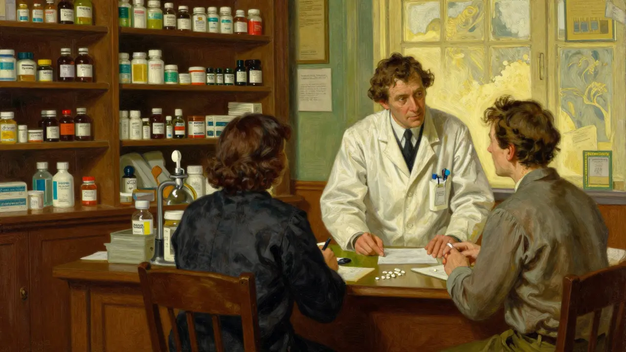 A pharmacist moving from filling prescriptions to providing clinical consultation to a patient.