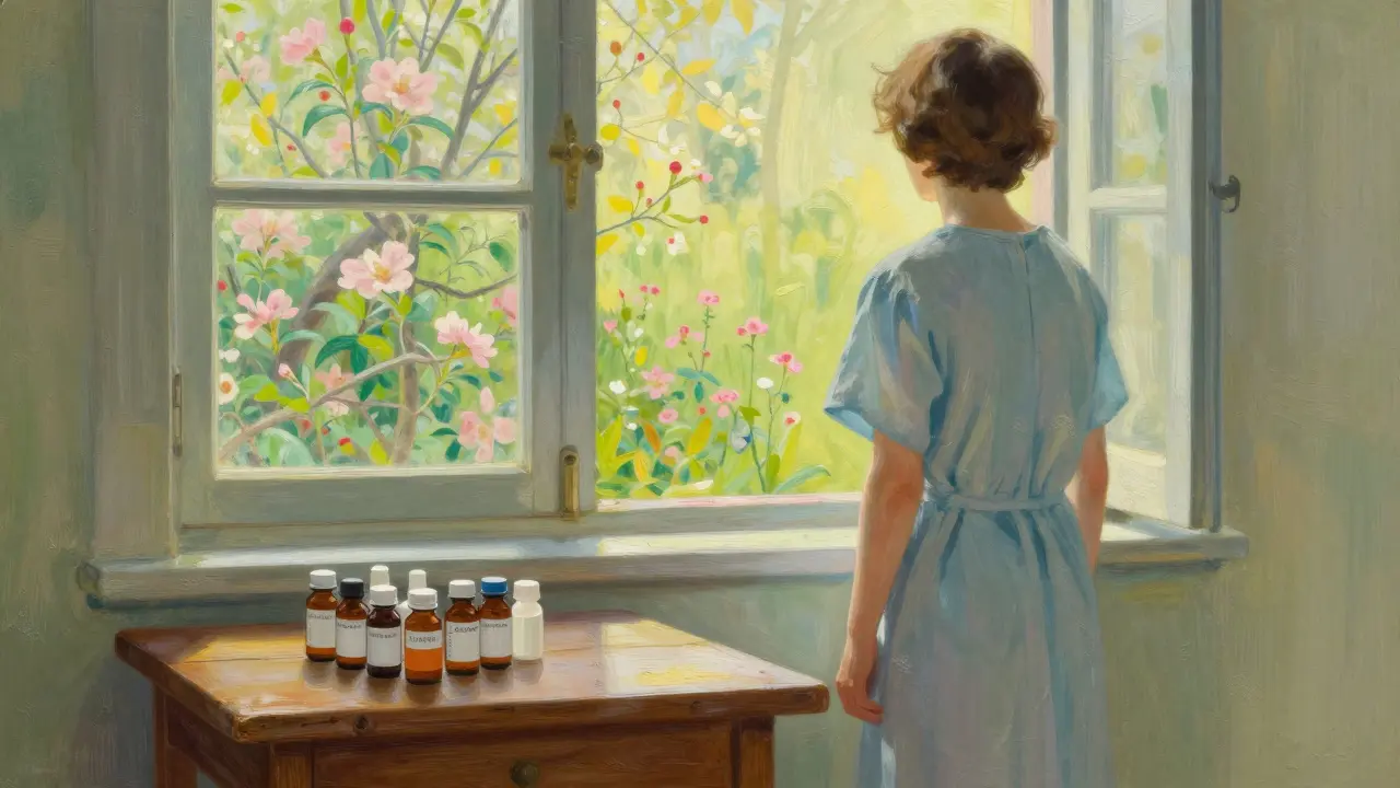 A recovered patient looking at a garden with medication organized on a table.