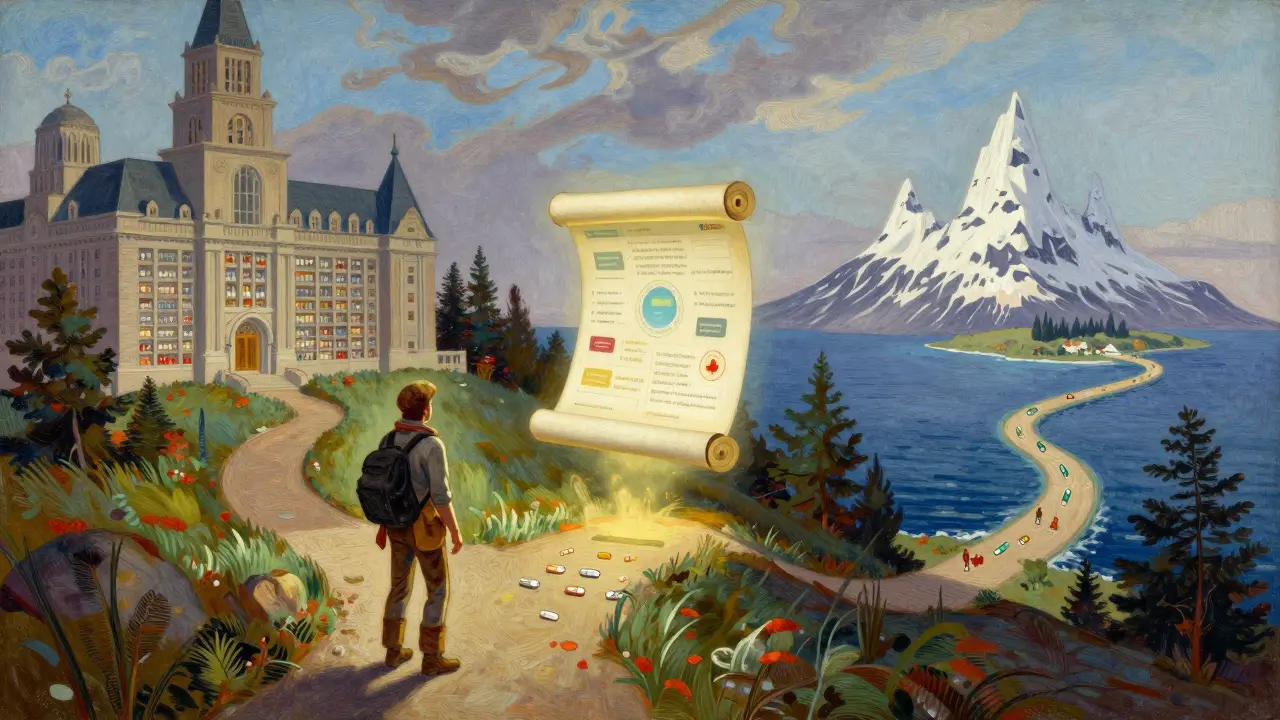 A traveler choosing between three different paths to find affordable medicine.