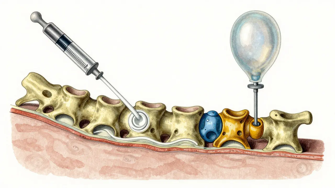 Comparison of bone cement injection and balloon inflation within a spinal vertebra.