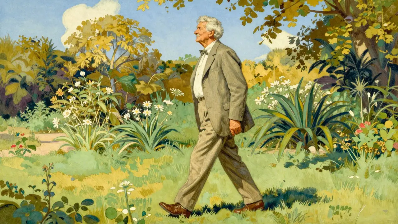 Elderly person walking happily in a sunlit garden after recovering spinal mobility.