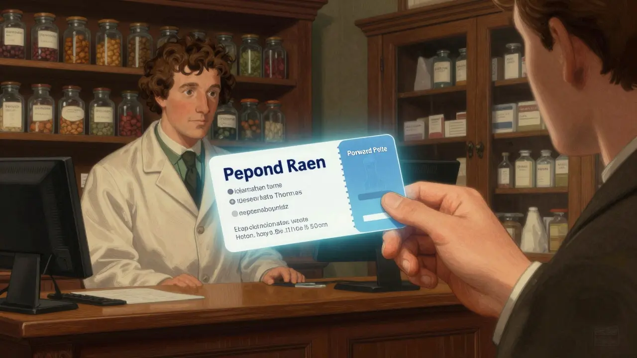 Hand presenting a digital discount coupon to a pharmacist in an old-fashioned pharmacy