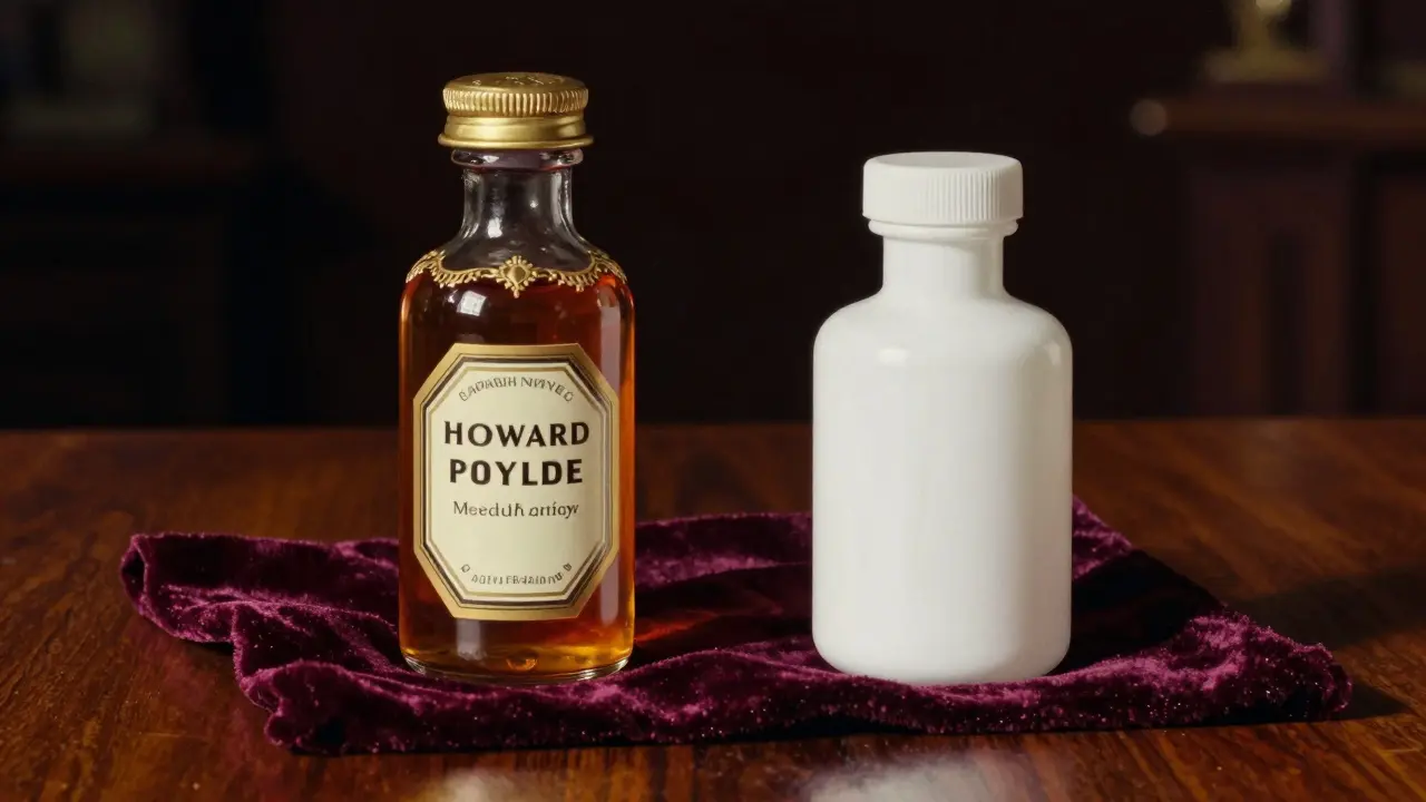 Ornate brand name medicine bottle next to a simple generic apothecary jar