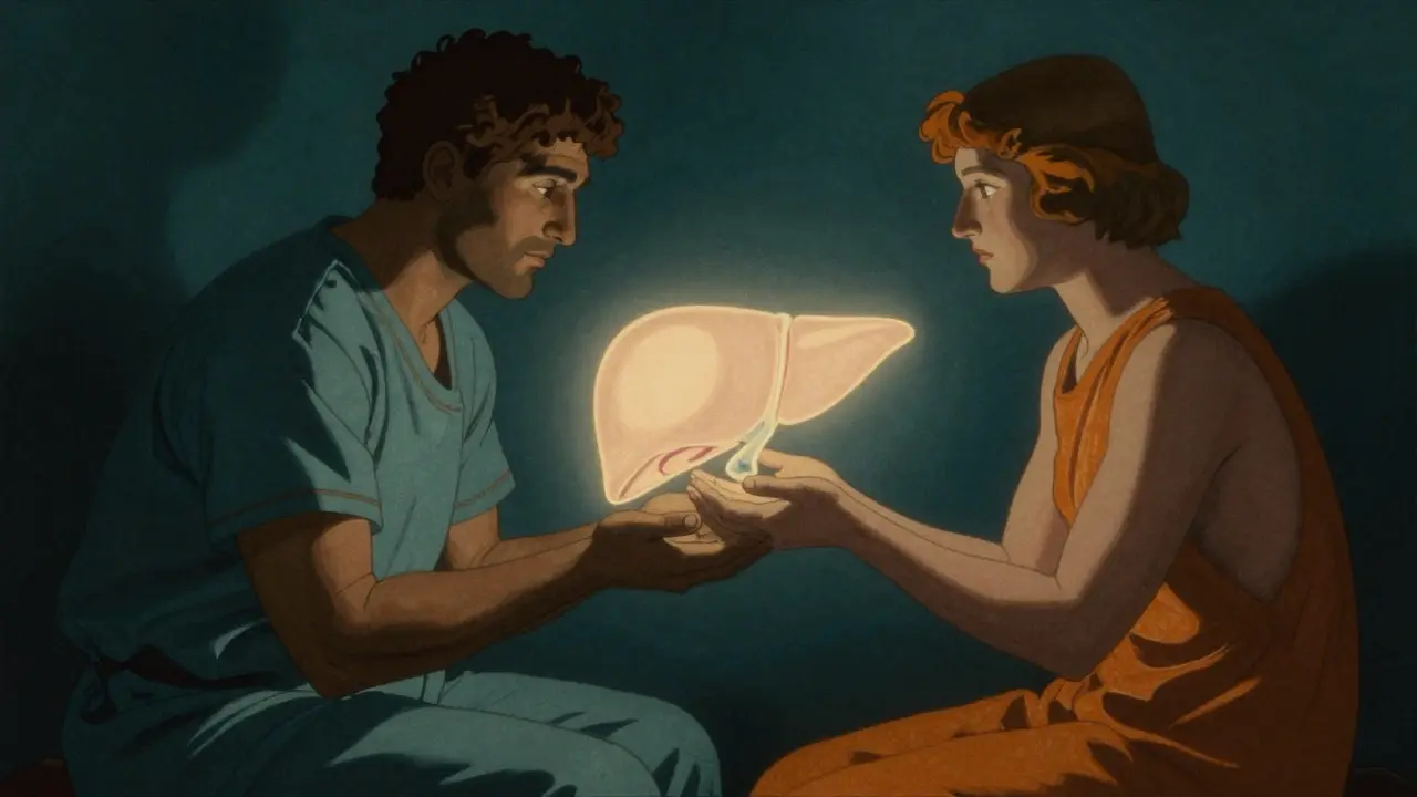 Symbolic depiction of a living donor giving a glowing liver to a recipient.
